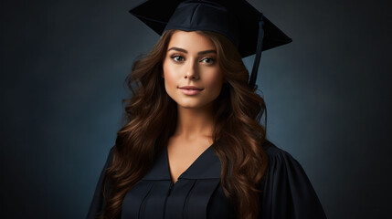 A solemn graduate in cap and gown stands proudly, reflecting on the culmination of her educational journey.