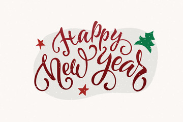 Happy New Year handwritten text. Modern brush ink calligraphy, hand lettering. Sparkling magical particles and stars. Golden textured letters.Vector holiday illustration for greeting card, poster