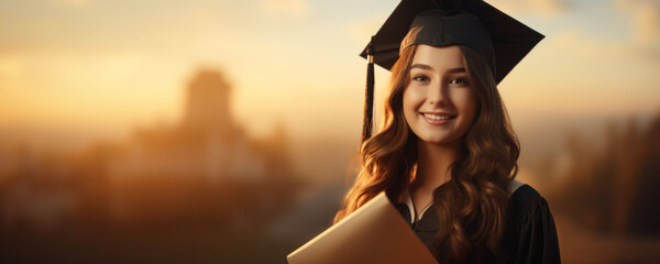 A sunlit portrait of a smiling graduate, her optimism and hope for the future illuminated by the golden hour light. - obrazy, fototapety, plakaty