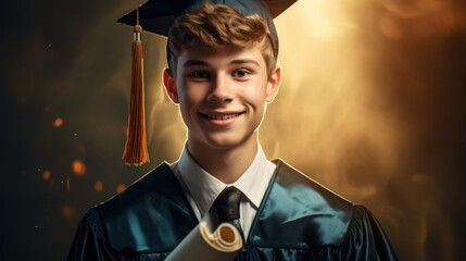 A young graduate stands in the spotlight, his smile reflecting the pride and excitement of his academic accomplishments.