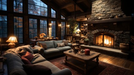 Rustic Cabin with Stone Fireplace - AI Generated