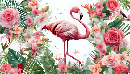 Wallpaper pattern of branches, flowers and roses with flamingos with a background of tropical nature