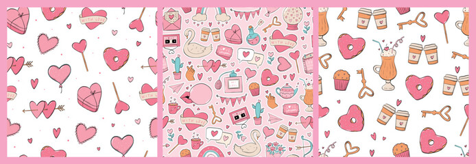 Valentines day seamless patterns collection decorated with doodles for wallpapers, textile prints, backgrounds, stationary, wrapping paper, etc. EPS 10