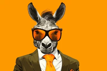 Fotobehang Stylish portrait of dressed up imposing anthropomorphic donkey wearing glasses and suit on vibrant orange background with copy space © Areesha