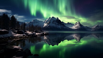 Tranquil night sky reflects illuminated constellations and auroras.