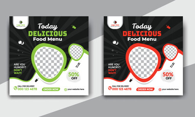Fast food restaurant business marketing social media post or web banner template design with abstract background. Fresh pizza, burger & online sale promotion flyer or poster design.