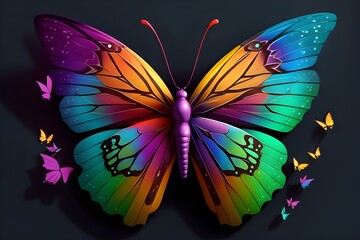 Colorful butterfly on a black background. 3d rendering. Computer digital drawing.