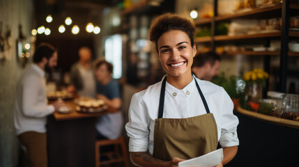 Obraz premium Welcoming Waitress holding tray and smiling,AI generated