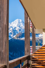 View from hotel balcony in the Swiss Alps. Fantastic mountain view. Jungfrau Region.