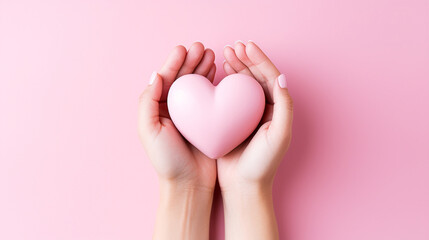 female hands holding a pink heart on a pink background, top view.world cancer day. ai generative