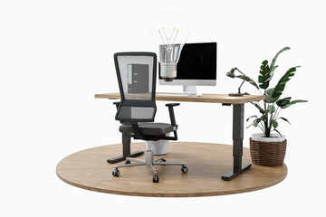 lightbulb flying over modern clean workspace on wooden desk with adjustable height, chair and plant on wooden floor disk; infinite background; 3D rendering