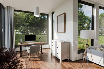 comfortable workplace with pc on wooden desk in cozy living room; interior modern rural design; bright sunlightl in ; 3D rendering