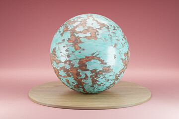 wooden podium with metal sphere ball on infinite background; pedestal for beauty, cosmetic product presentation. copy space template, 3D Illustration