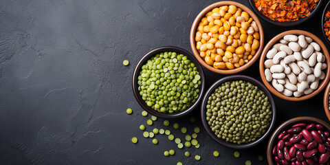 Assortment of legumes, lentils, chickpeas and beans in different bowls. ai generative