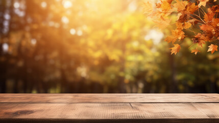 Naklejka na ściany i meble Empty Space on Wooden Table with Fall Theme. Useful for Mock Up.