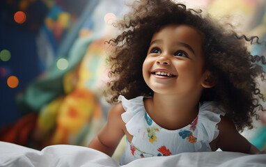 Une petite fille métisse souriante avec des cheveux bouclés, dans sa chambre - obrazy, fototapety, plakaty