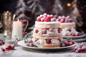 Fototapeta na wymiar sweet cake with berries on a beautiful christmas background