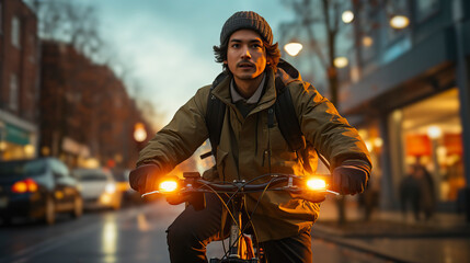A Gen Z man cycles home in twilight, illuminated by city lights, a picture of eco-friendly, health-centric urban life.