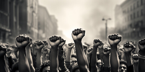 Group of fists raised in air. Group of protestors fists raised up in the air. ai generative - obrazy, fototapety, plakaty