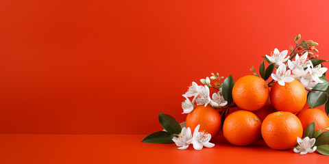 flowers, mandarins, festival decorations on red background. ai generative - obrazy, fototapety, plakaty