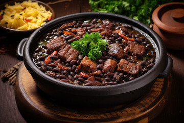 Traditional Brazilian food made with a hearty stew of black beans, pork and salt beef. Feijoada typical classic carnival dishes. ai generative