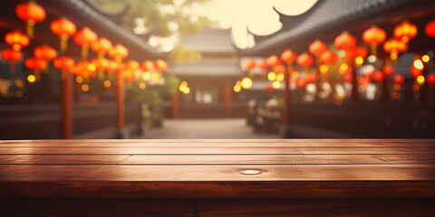 empty wooden table, blurred chinese festival background. ai generative