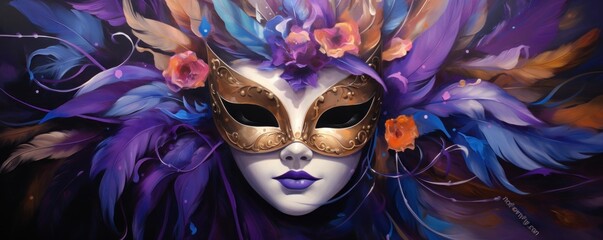 Obraz premium venetian carnival mask with purple and orange furthers festive banner