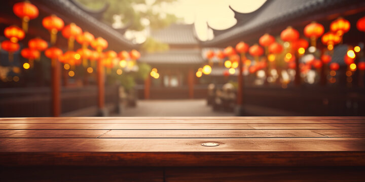 Empty Wooden Table, Blurred Chinese Festival Background. Ai Generative