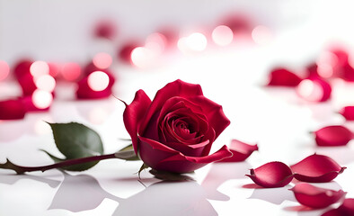 Fototapeta na wymiar Red rose and petals on white background for valentines day.