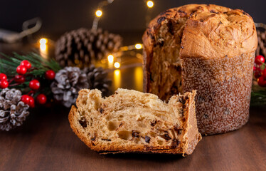 Traditional Christmas panettone (Chocottone) on wooden table.