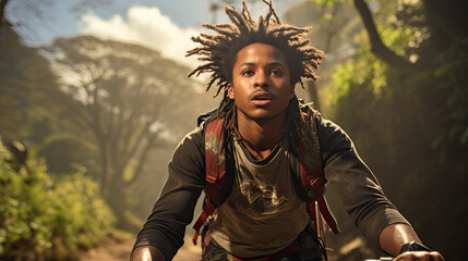 Obraz premium A young cyclist with dreadlocks journeys through a radiant forest trail, reflecting a passion for fitness and the beauty of nature.