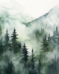 spruce forest and fog in the mountains illustration in style of watercolor, wall art poster