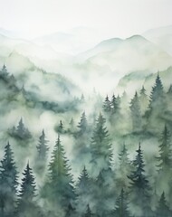 Fototapeta premium spruce forest and fog in the mountains illustration in style of watercolor, wall art poster