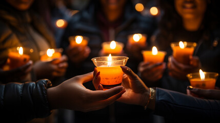 Glowing Candles in Support: A close-up shot of a group of people holding glowing candles in the dark, symbolizing their commitment to Earth Hour and the global effort to reduce ene - obrazy, fototapety, plakaty