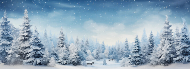 Fototapeta na wymiar Enchanted snowy forest with sparkling light flurries.