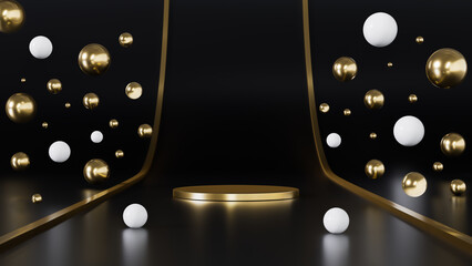 Gold round shape pedestal on reflective black gradient background with white and gold geometrical forms floating for product display. 