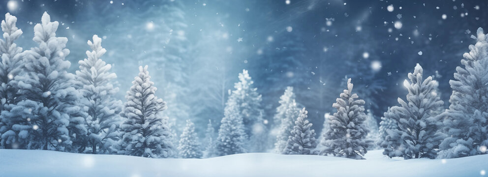 Enchanted snowy forest with sparkling light flurries.