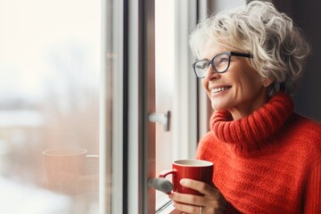 Woman drinking warm drink in house looking out window