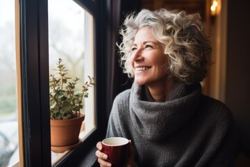 Woman drinking warm drink in house looking out window