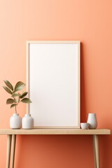 Empty wall art frame mock up with  flowers in a vase on the table, peach wall background