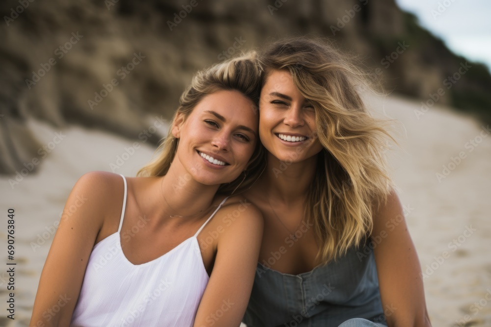 Wall mural portrait of a happy lesbian couple on the beach