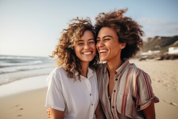 Obraz premium Portrait of a happy lesbian couple on the beach