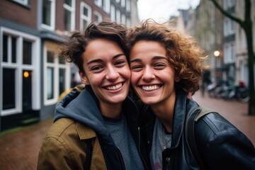 Smiling portrait of lesbian couple on the street