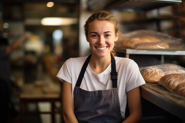 Fototapeta premium Smiling portrait of young woman working in bakery