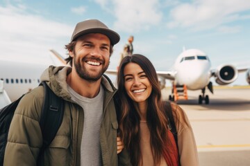 Portrait of happy young couple on tarmac boarding plane