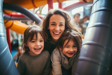 Portrait of happy mother and children at indoor playground