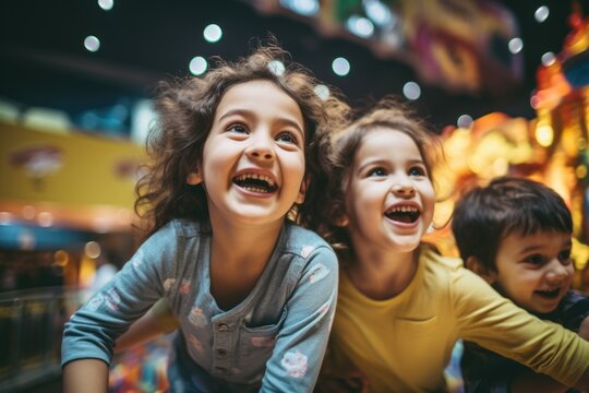 Portrait of little children having fun at indoor playground