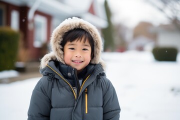 Portrait of a smiling little boy outside during winter
