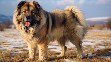 a large fluffy dog standing in the field near snow