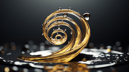 oil drop spiral sludge water droplet on a shiny surface. gold splash of oil from black background with water drops - obrazy, fototapety, plakaty
